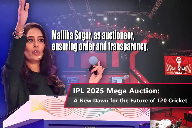 IPL 2025 Mega Auction featuring top players and franchise owners in a live bidding war.